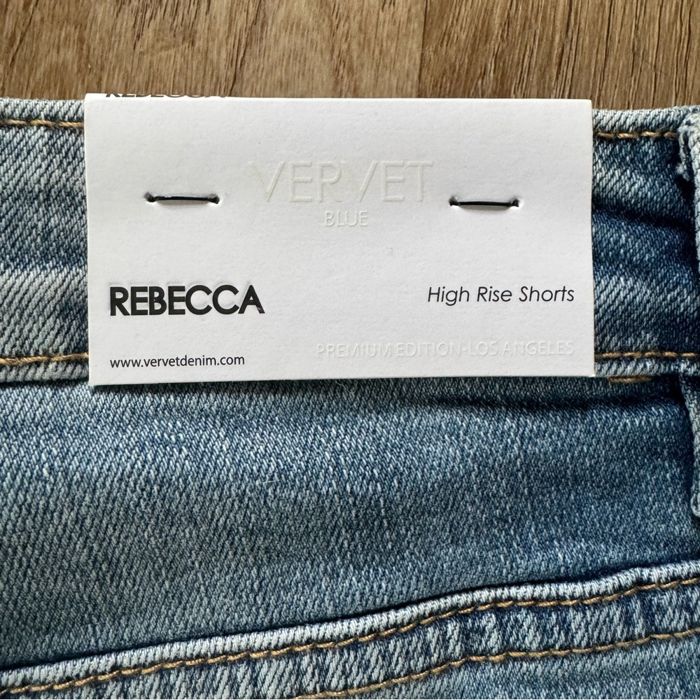 VERVET BY FLYING MONKEY Rebecca Blue Jean Shorts Distressed Frayed Hem High Rise - Picture 6 of 16
